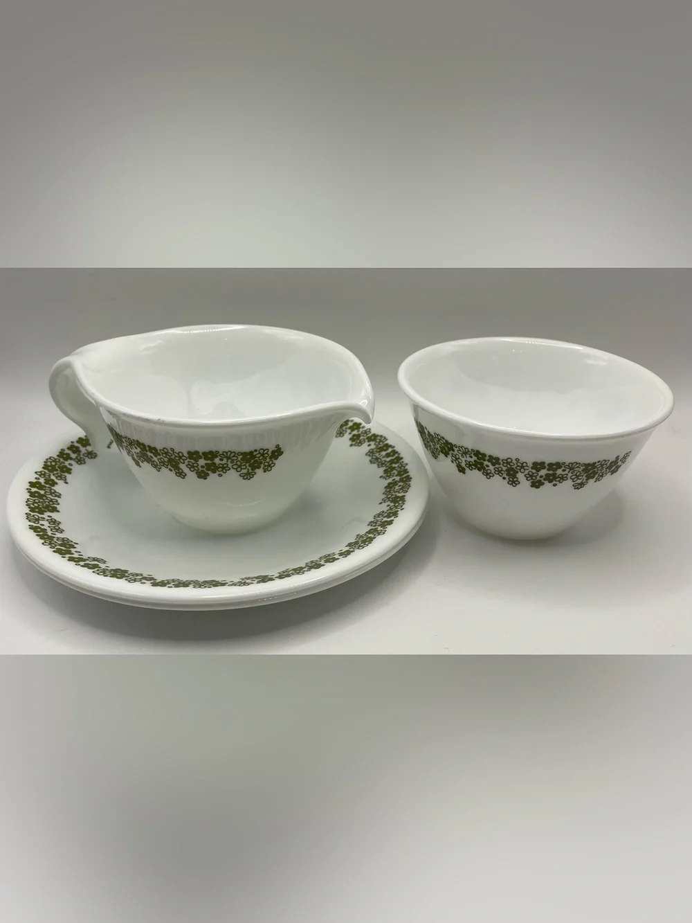 Corelle Spring Blossom Sugar, Creamer, and Saucers Set - Green Floral Border